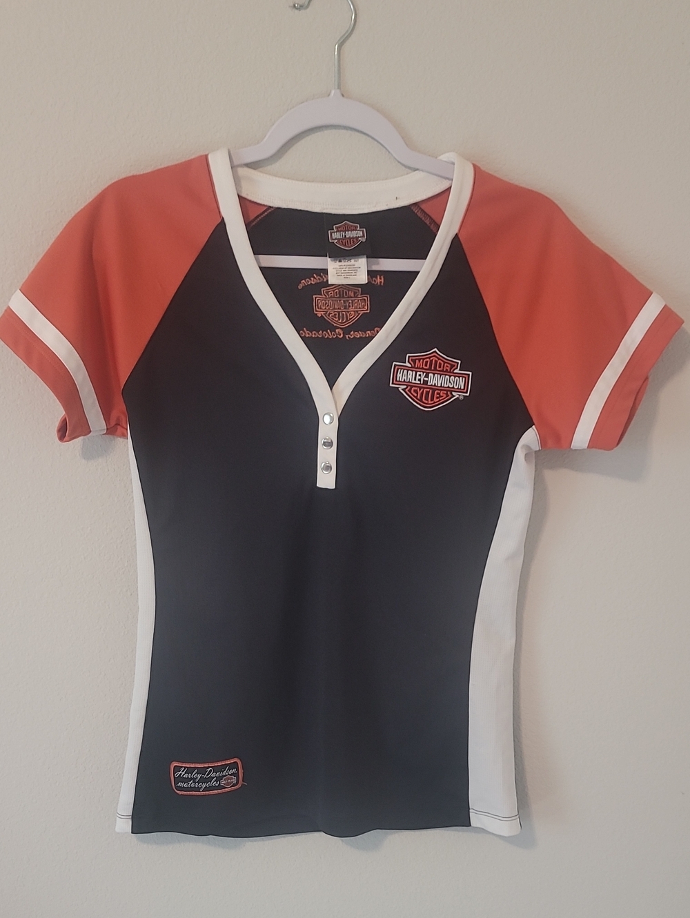 Harley-Davidson Black, Orange & White Snap Henley Short Sleeve Top